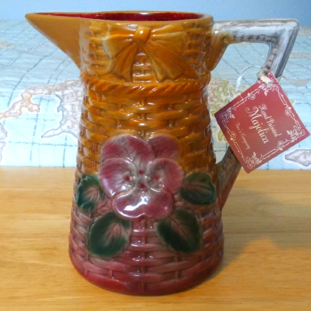 Two's Company hand painted majolica ceramic pitcher in basket weave design, EUC